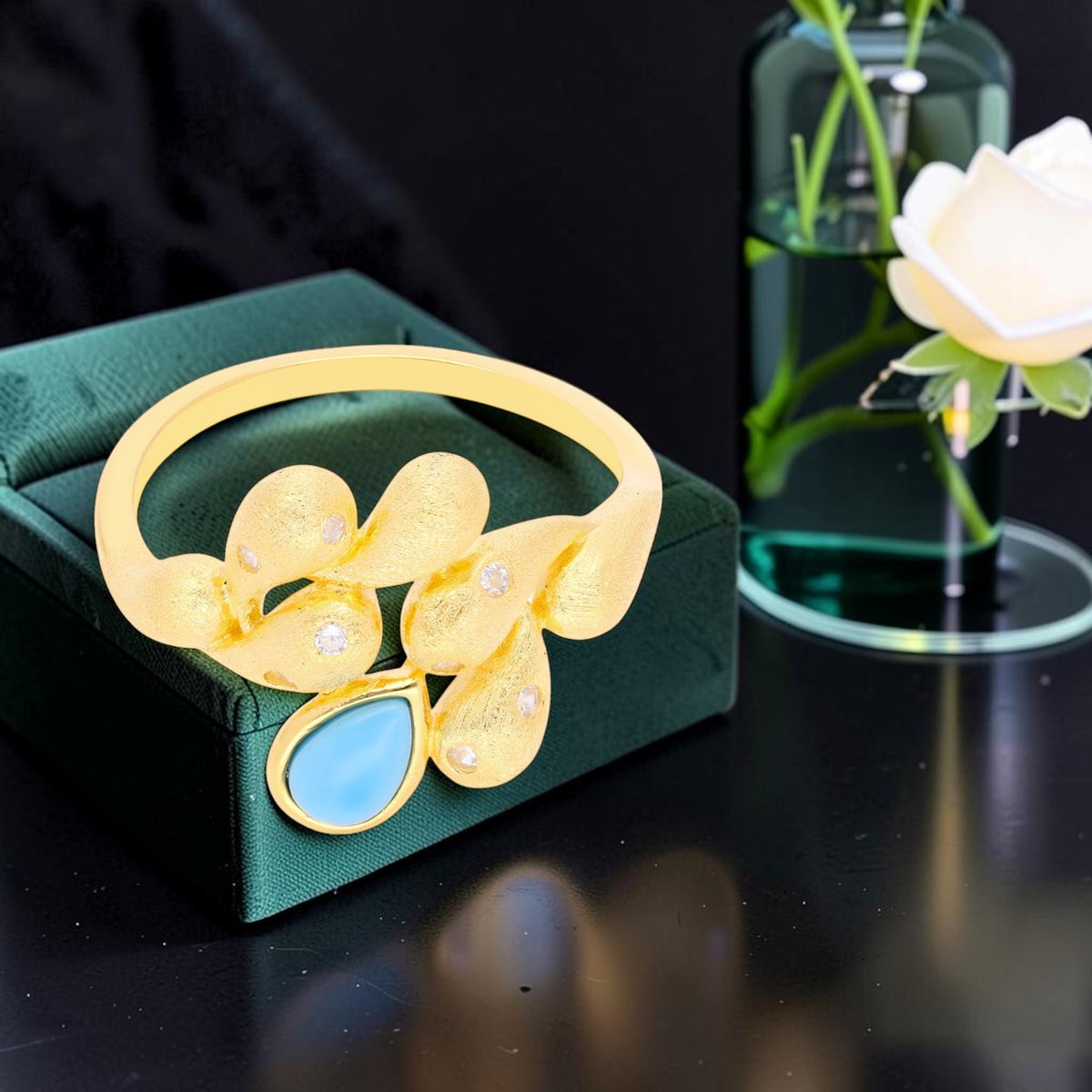 Sterling Silver Floral Statement Ring with Sky Blue Teardrop Stone | SKU: 0006714574