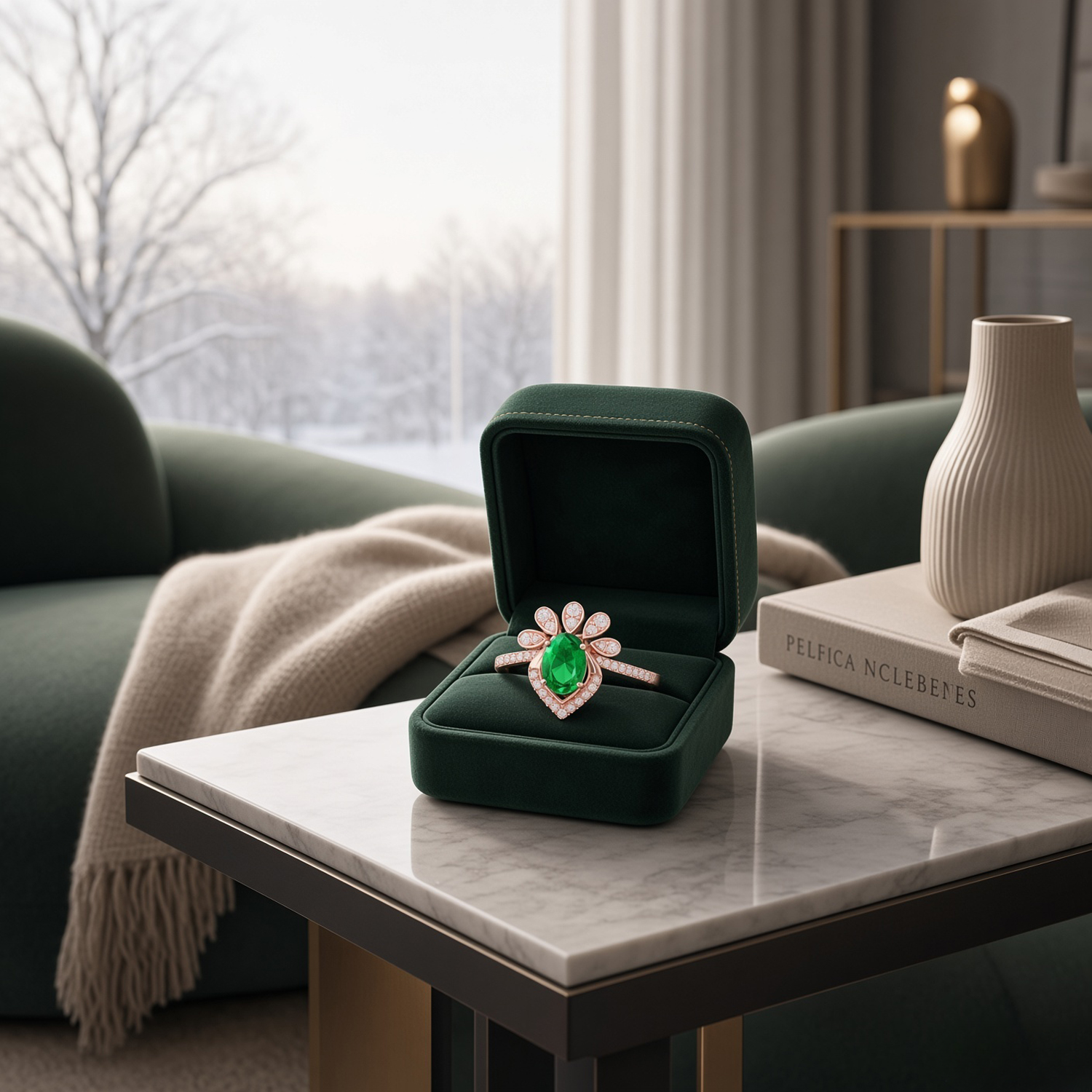 Emerald Green Floral Halo Sterling Silver Ring with Pavé Accents | SKU: 0022689474