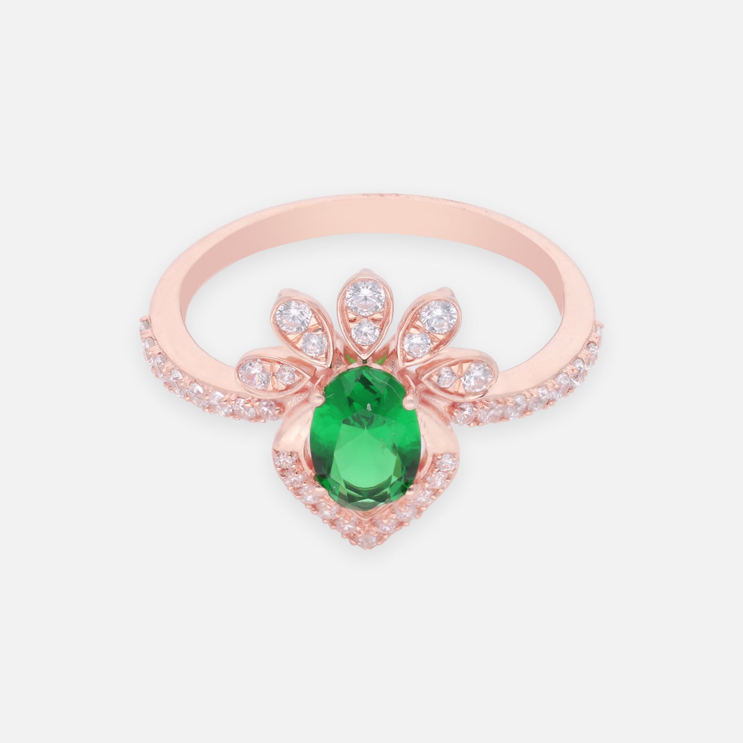 Emerald Green Floral Halo Sterling Silver Ring with Pavé Accents | SKU: 0022689474