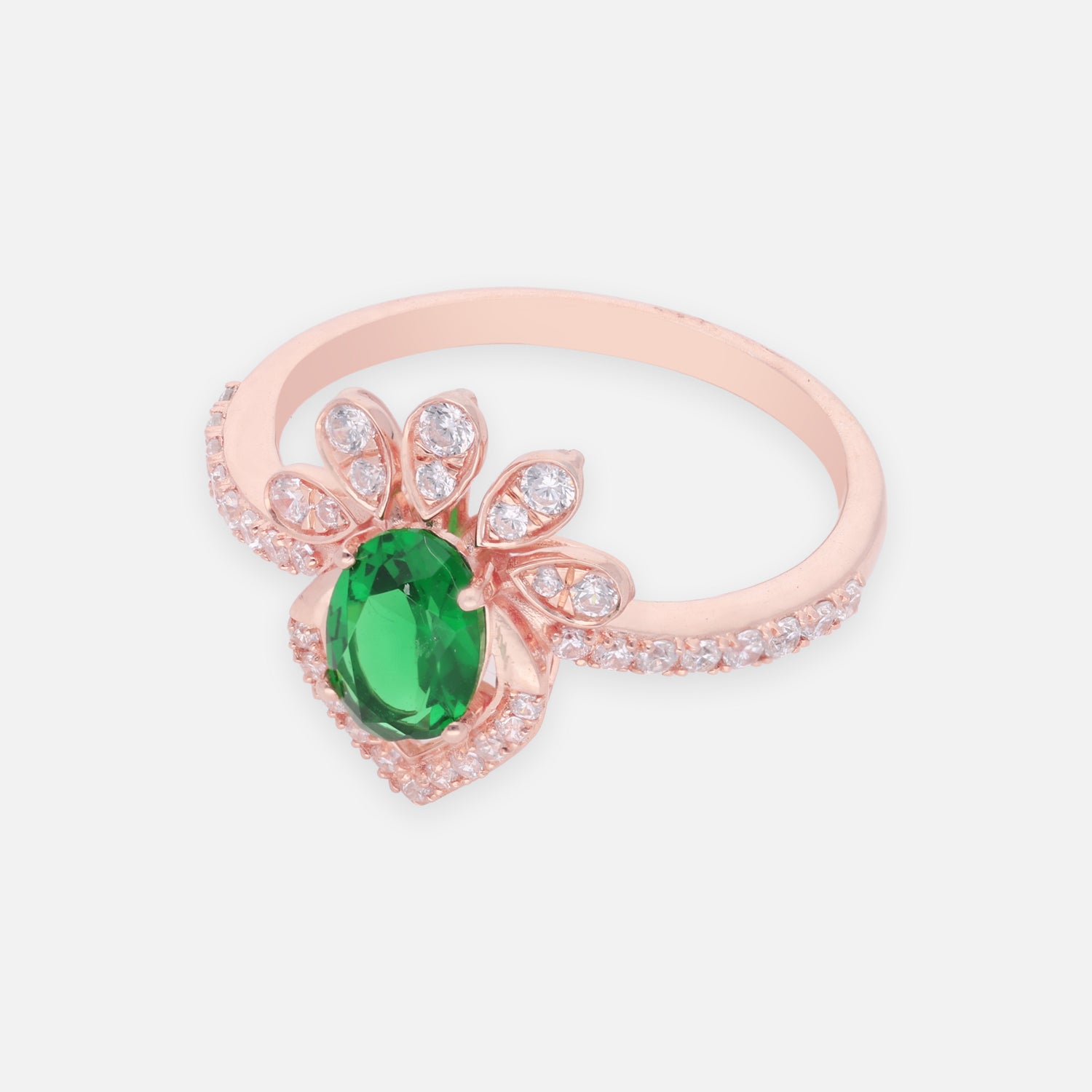 Emerald Green Floral Halo Sterling Silver Ring with Pavé Accents | SKU: 0022689474