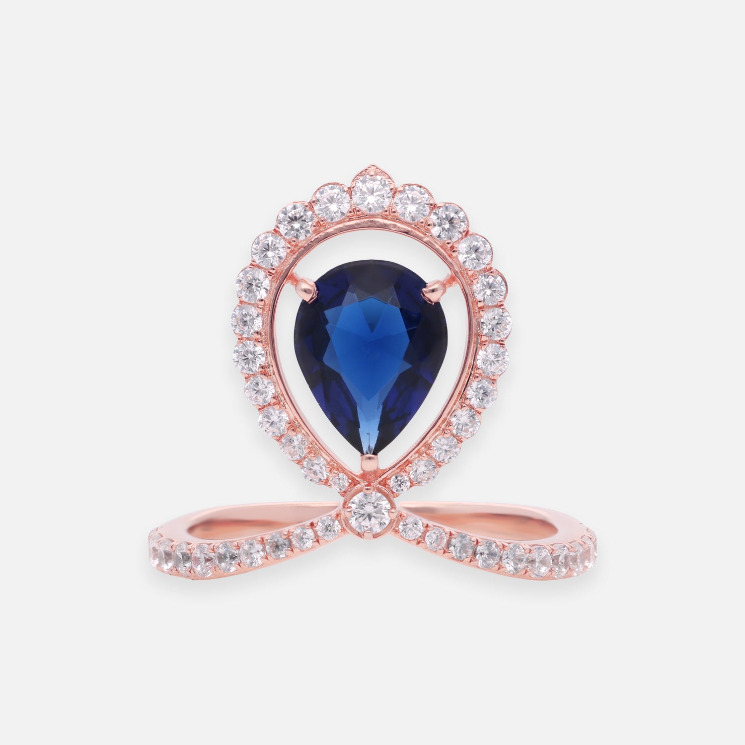 Blue Sapphire Pear Cut Halo Sterling Silver Ring with Pavé Split Shank | SKU: 0022689481