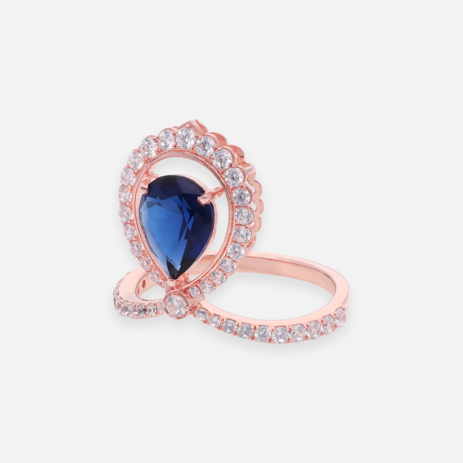 Blue Sapphire Pear Cut Halo Sterling Silver Ring with Pavé Split Shank | SKU: 0022689481
