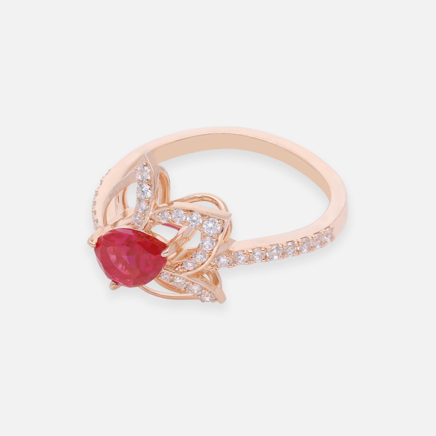 Ruby Red Pear Cut Floral Sterling Silver Ring with Pavé Accents | SKU: 0022689498