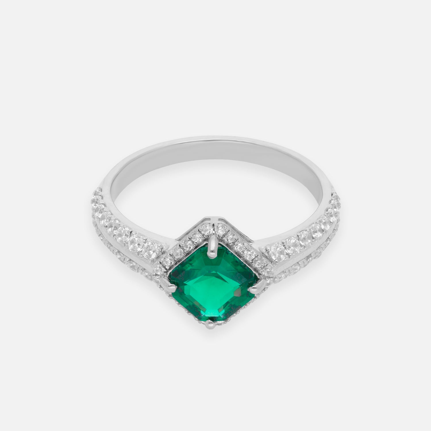 Emerald Green Princess Cut Halo Sterling Silver Ring with Pavé Band | SKU: 0022689504