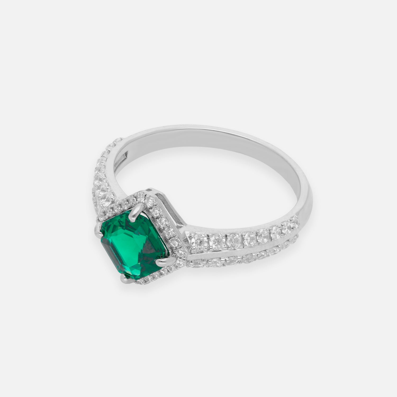 Emerald Green Princess Cut Halo Sterling Silver Ring with Pavé Band | SKU: 0022689504