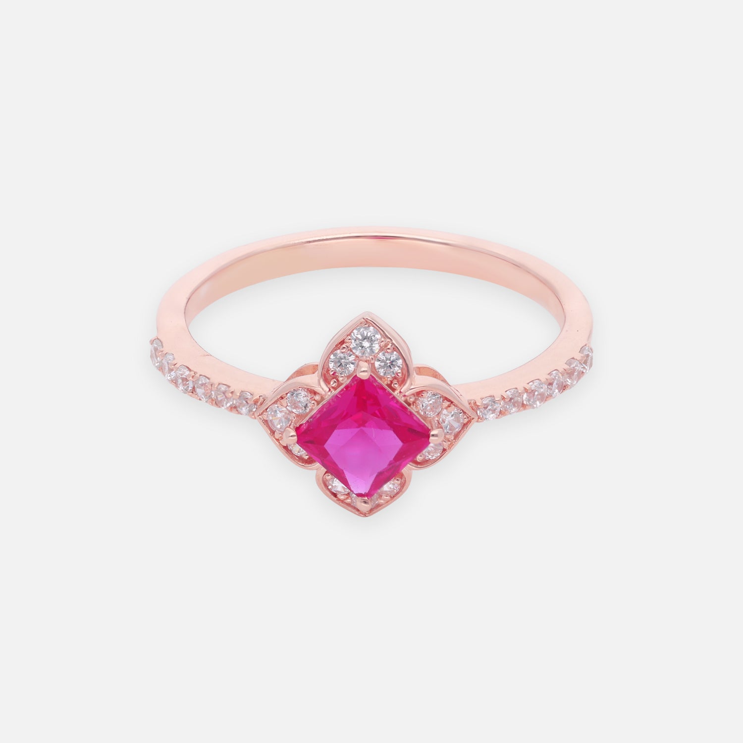 Ruby Pink Princess Cut Halo Sterling Silver Ring with Pavé Band| SKU: 0022689511