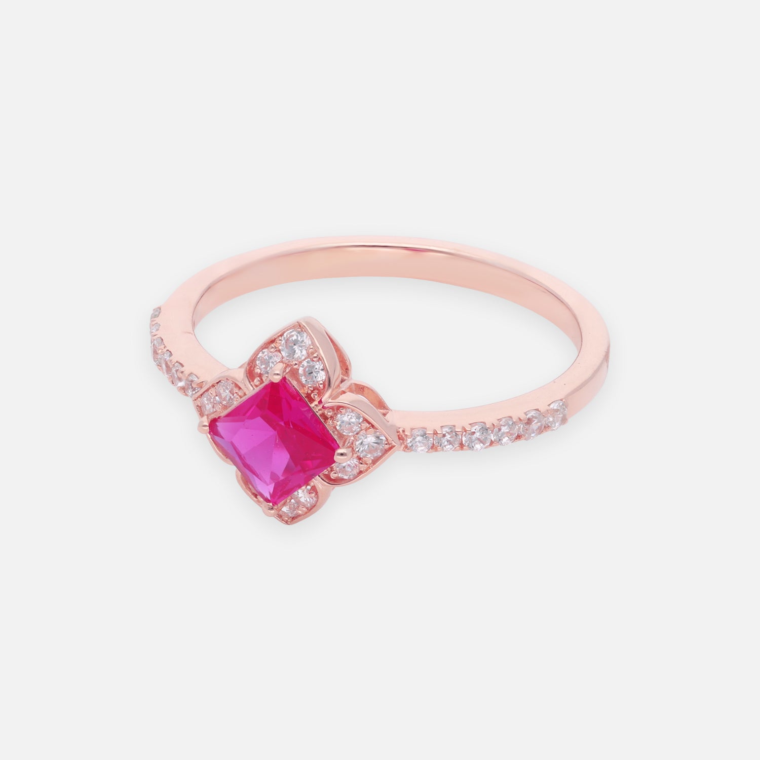 Ruby Pink Princess Cut Halo Sterling Silver Ring with Pavé Band| SKU: 0022689511