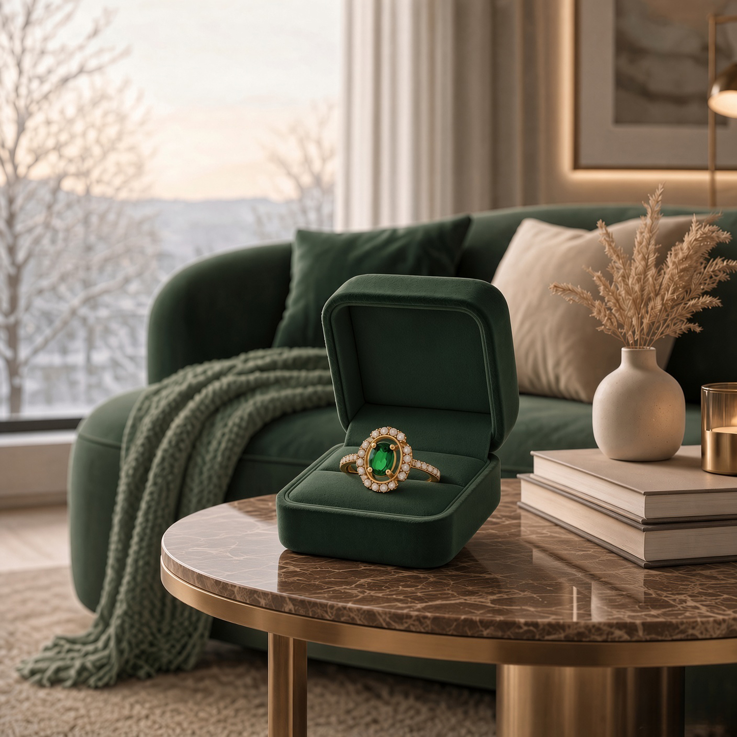 Emerald Green Oval Halo Sterling Silver Ring with Pearl Accents | SKU: 0022689528