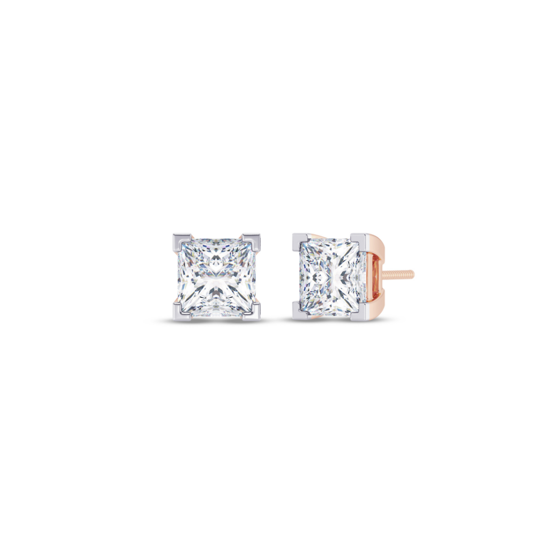 Princess Cut Multiple Carats size Lab Grown Diamond Earstud in 18kt Gold