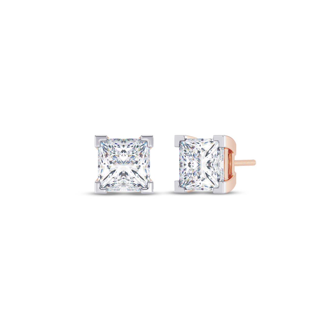 Princess Cut Multiple Carats size Lab Grown Diamond Earstud in 18kt Gold