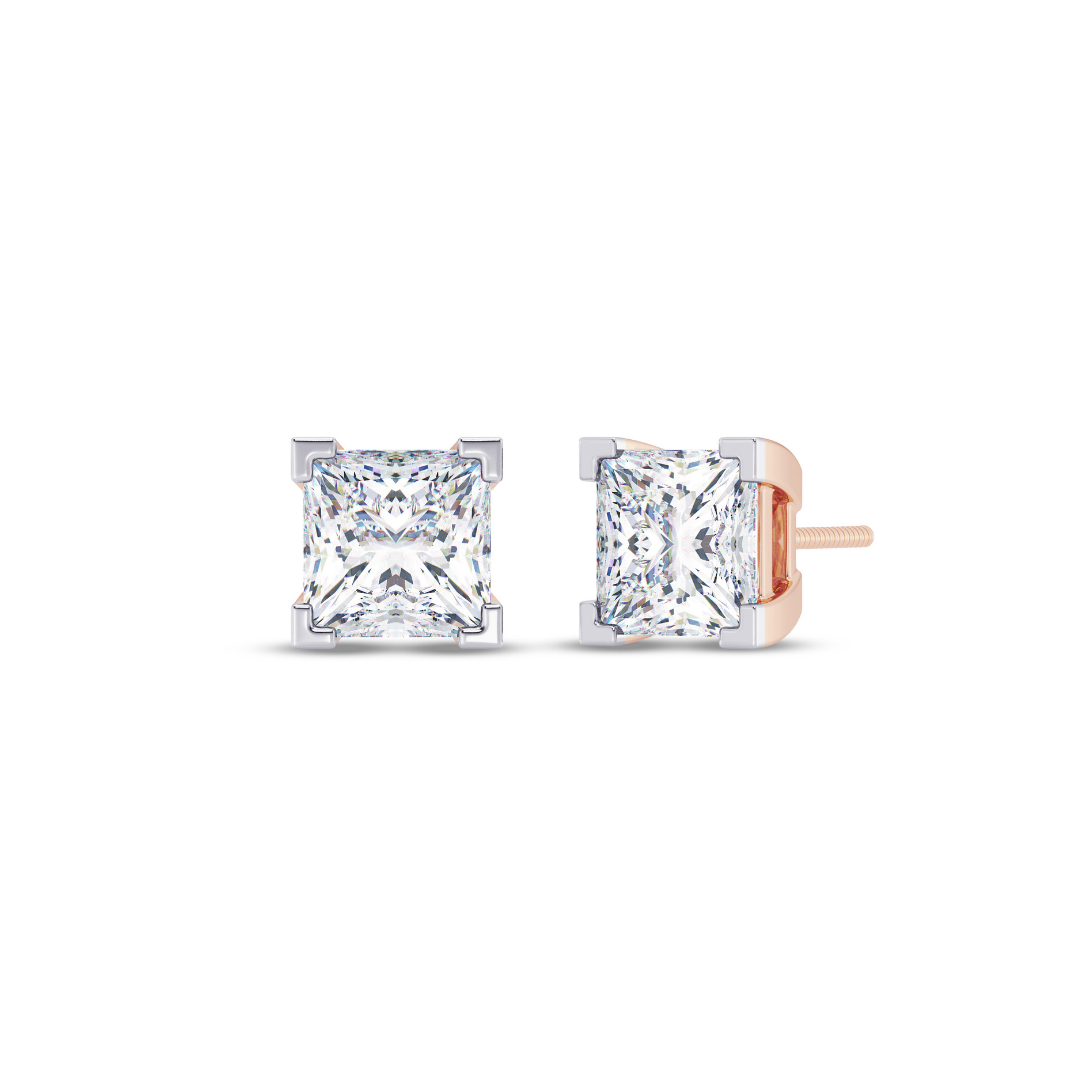 Princess Cut Multiple Carats size Lab Grown Diamond Earstud in 18kt Gold