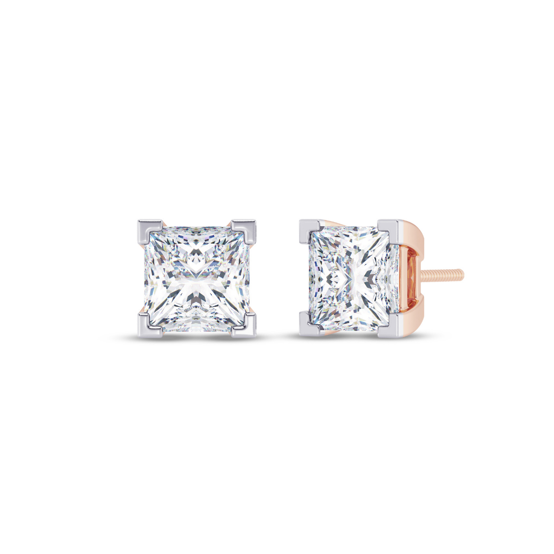 Princess Cut Multiple Carats size Lab Grown Diamond Earstud in 18kt Gold