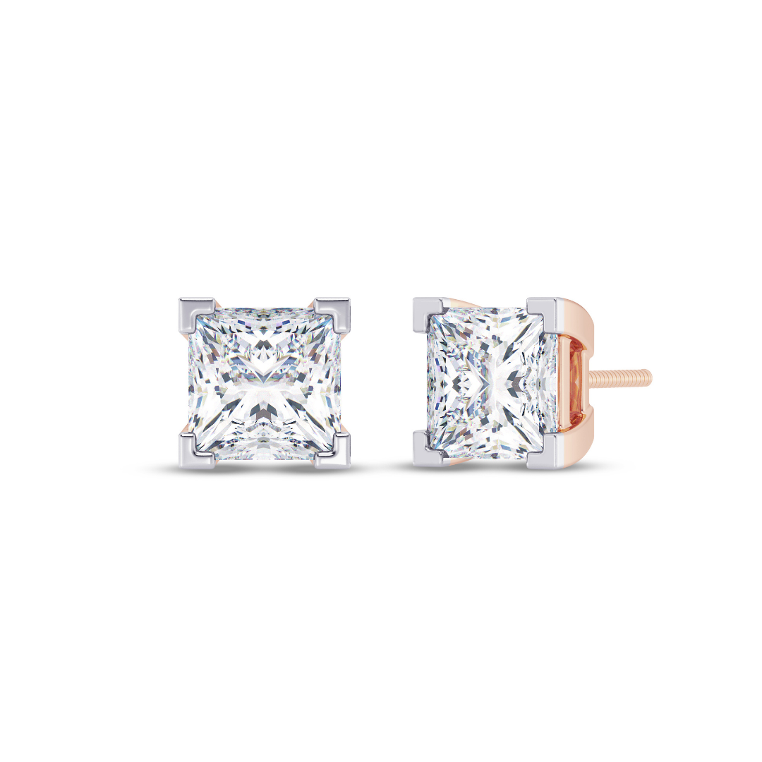 Princess Cut Multiple Carats size Lab Grown Diamond Earstud in 18kt Gold