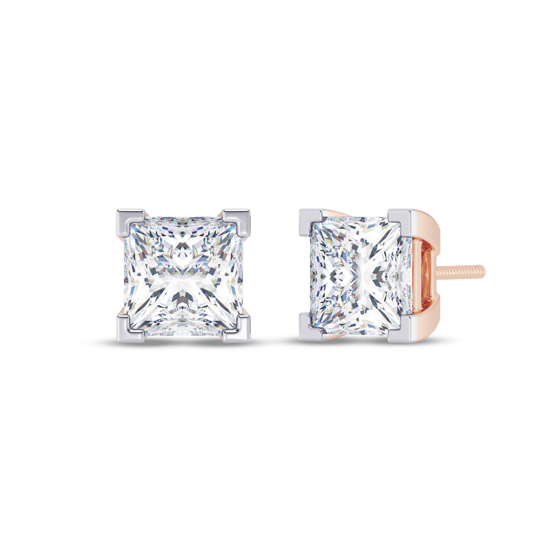 Princess Cut Multiple Carats size Lab Grown Diamond Earstud in 18kt Gold