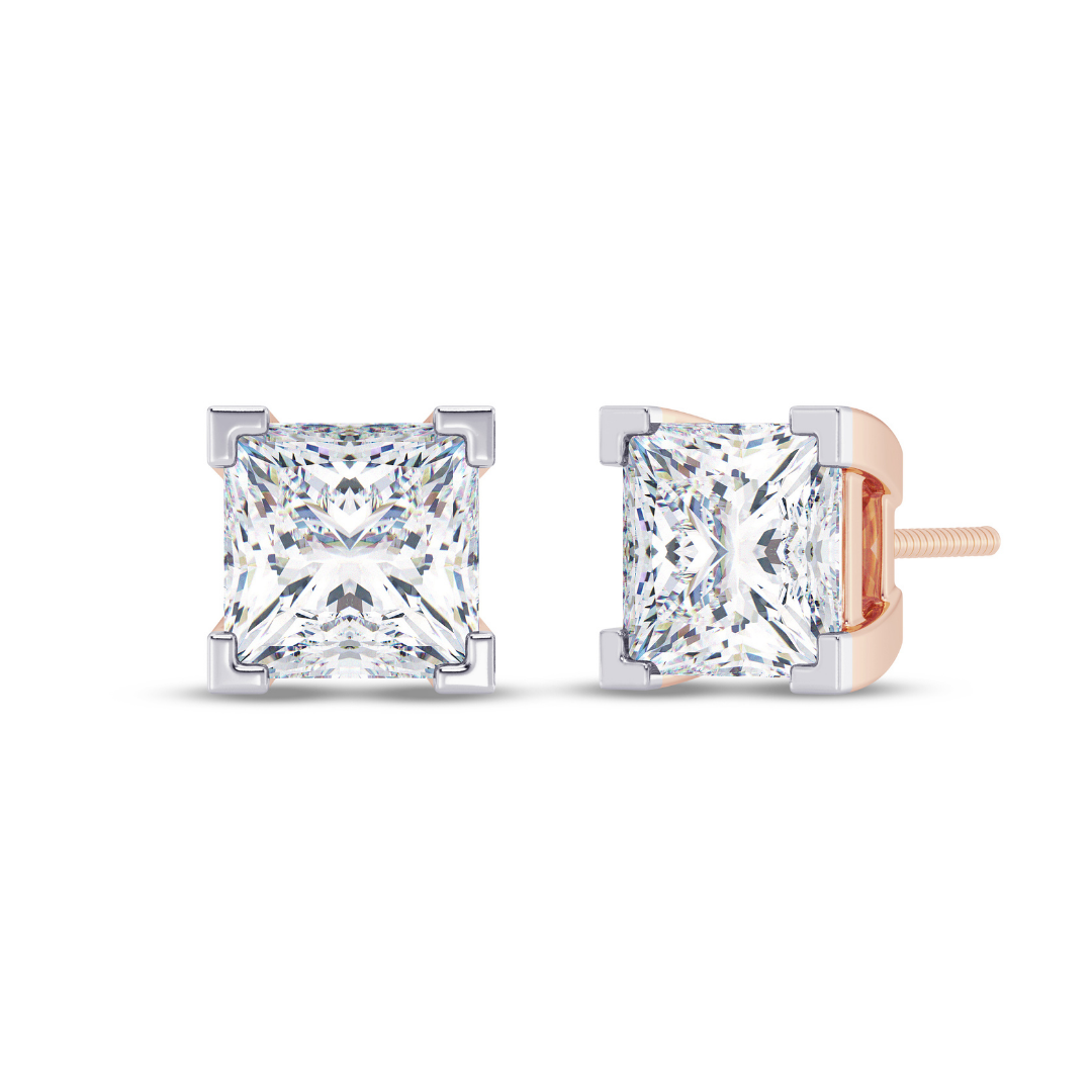 Princess Cut Multiple Carats size Lab Grown Diamond Earstud in 18kt Gold