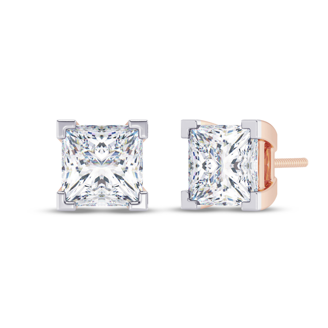 Princess Cut Multiple Carats size Lab Grown Diamond Earstud in 18kt Gold