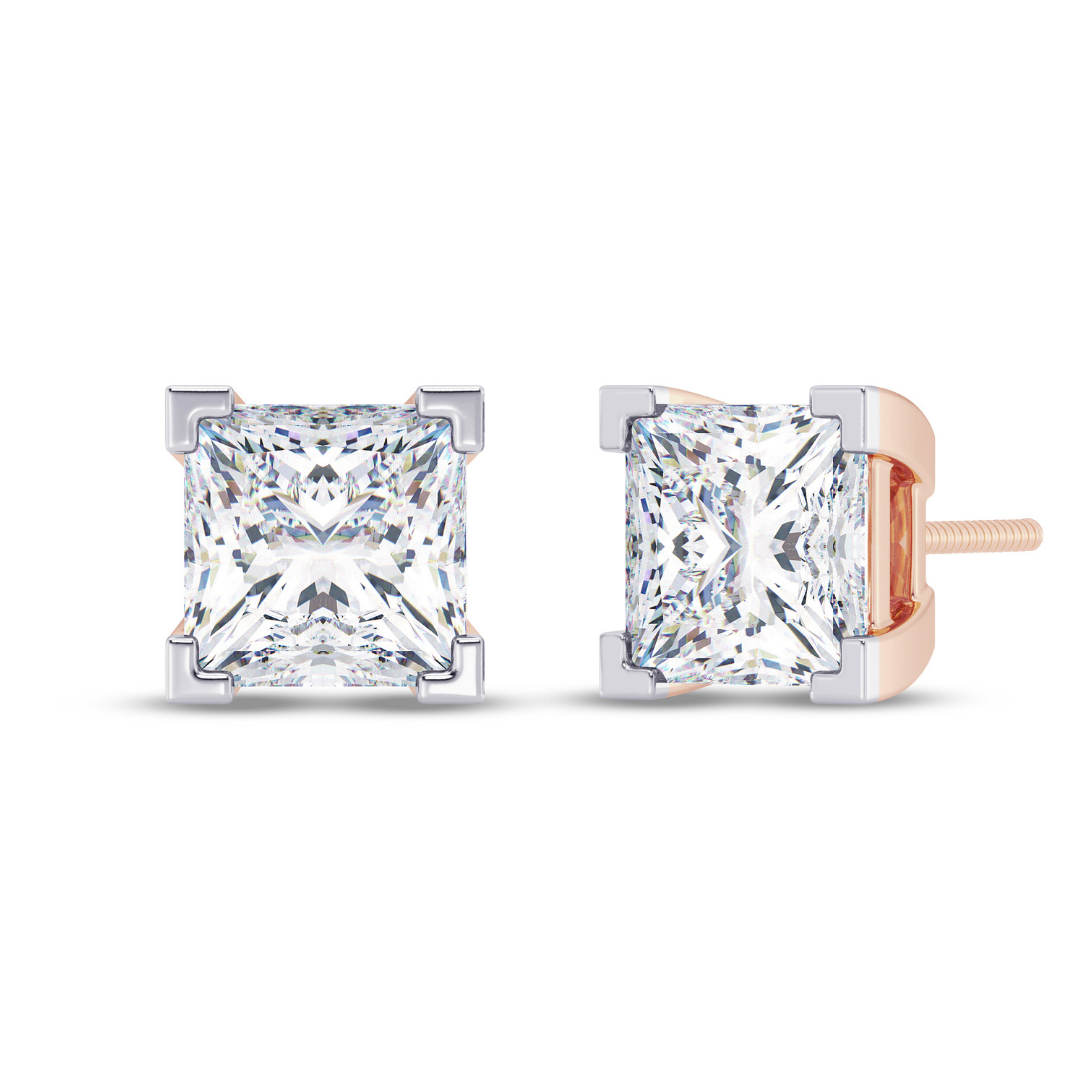 Princess Cut Multiple Carats size Lab Grown Diamond Earstud in 18kt Gold