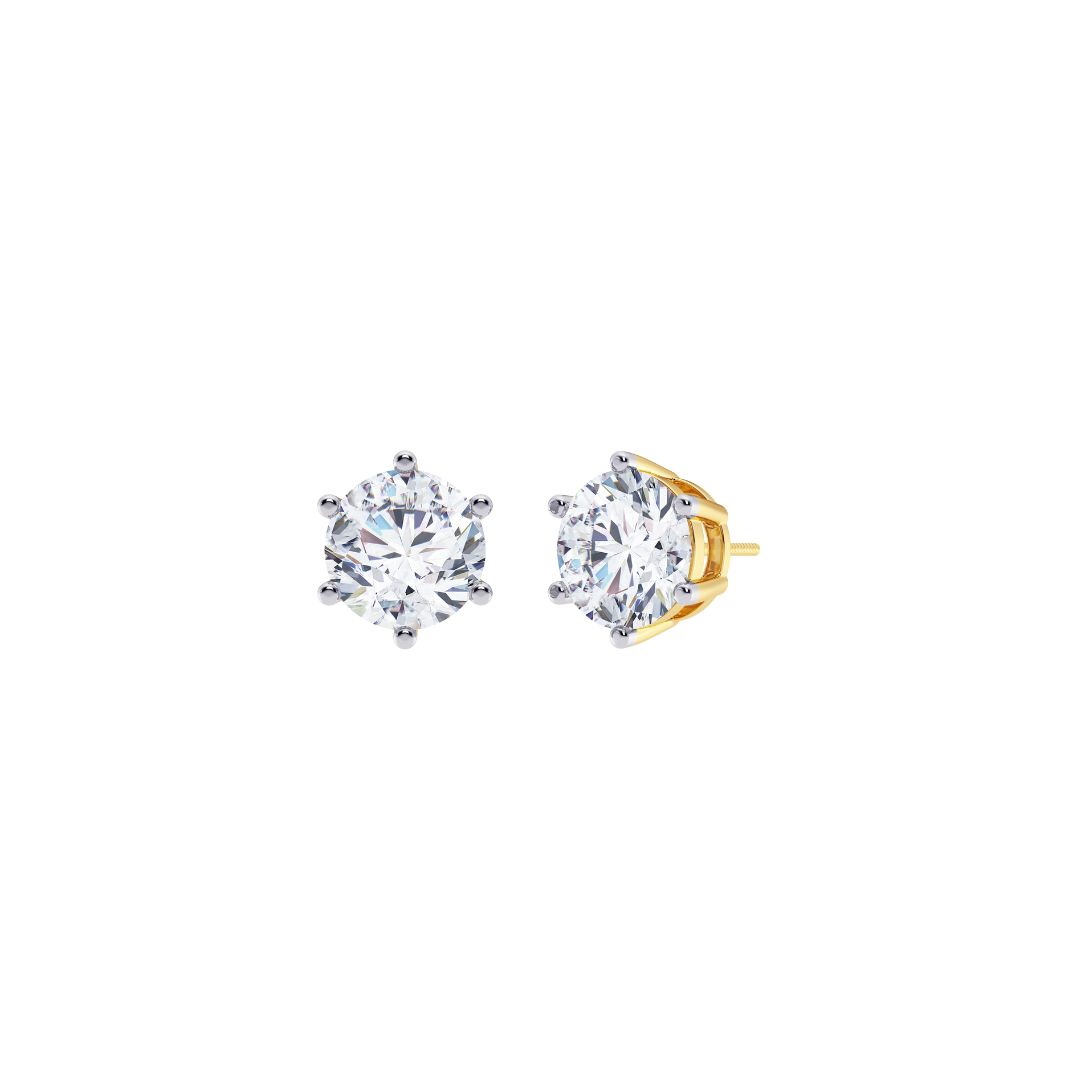 Round Cut Multiple Carats size Lab Grown Diamond 6 Prongs Earstud in 18kt Gold