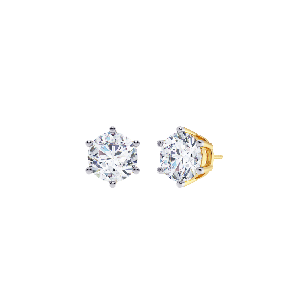 Round Cut Multiple Carats size Lab Grown Diamond 6 Prongs Earstud in 18kt Gold