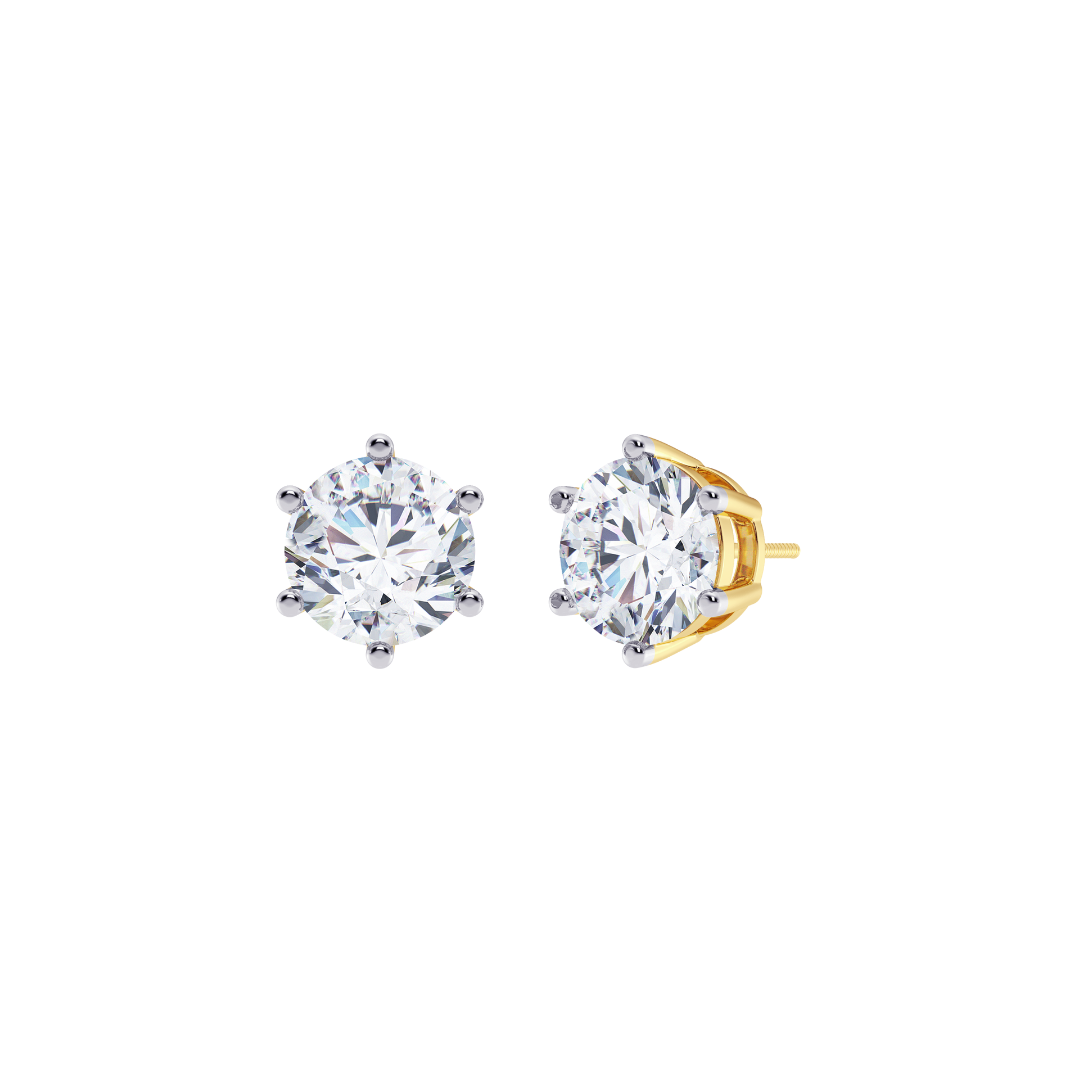 Round Cut Multiple Carats size Lab Grown Diamond 6 Prongs Earstud in 18kt Gold