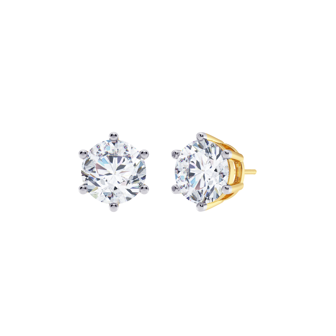 Round Cut Multiple Carats size Lab Grown Diamond 6 Prongs Earstud in 18kt Gold