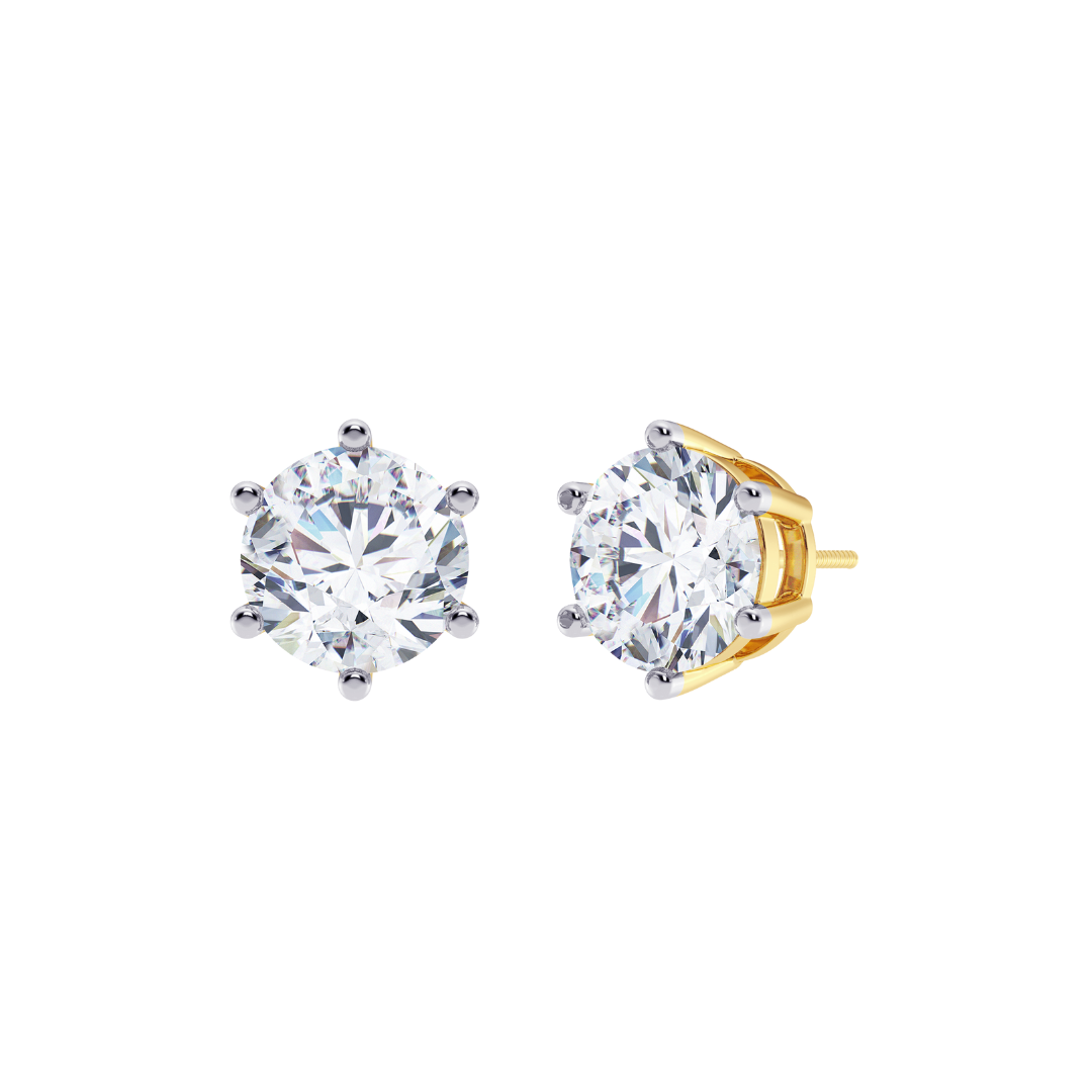 Round Cut Multiple Carats size Lab Grown Diamond 6 Prongs Earstud in 18kt Gold