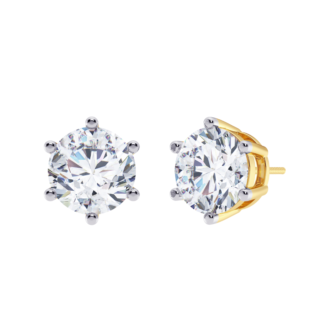 Round Cut Multiple Carats size Lab Grown Diamond 6 Prongs Earstud in 18kt Gold