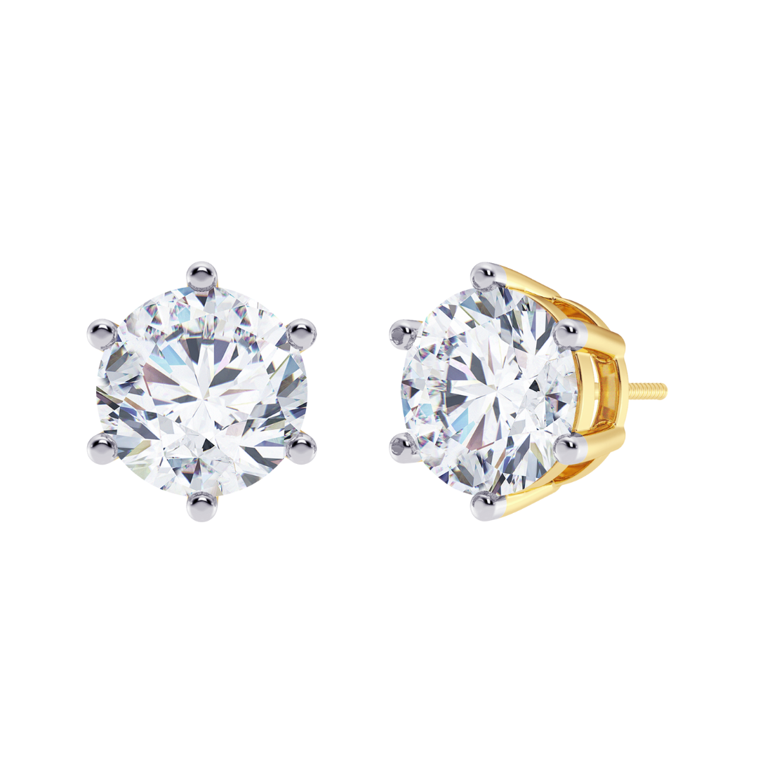 Round Cut Multiple Carats size Lab Grown Diamond 6 Prongs Earstud in 18kt Gold