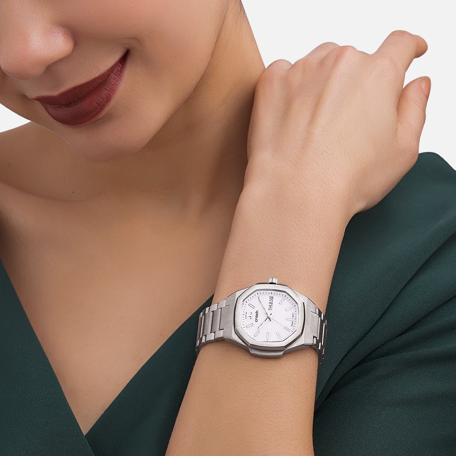 Swiss Movement Octagonal Silver Stainless Steel Watch For Women with White Dial by Crash | SKU : SWISS ACC2405