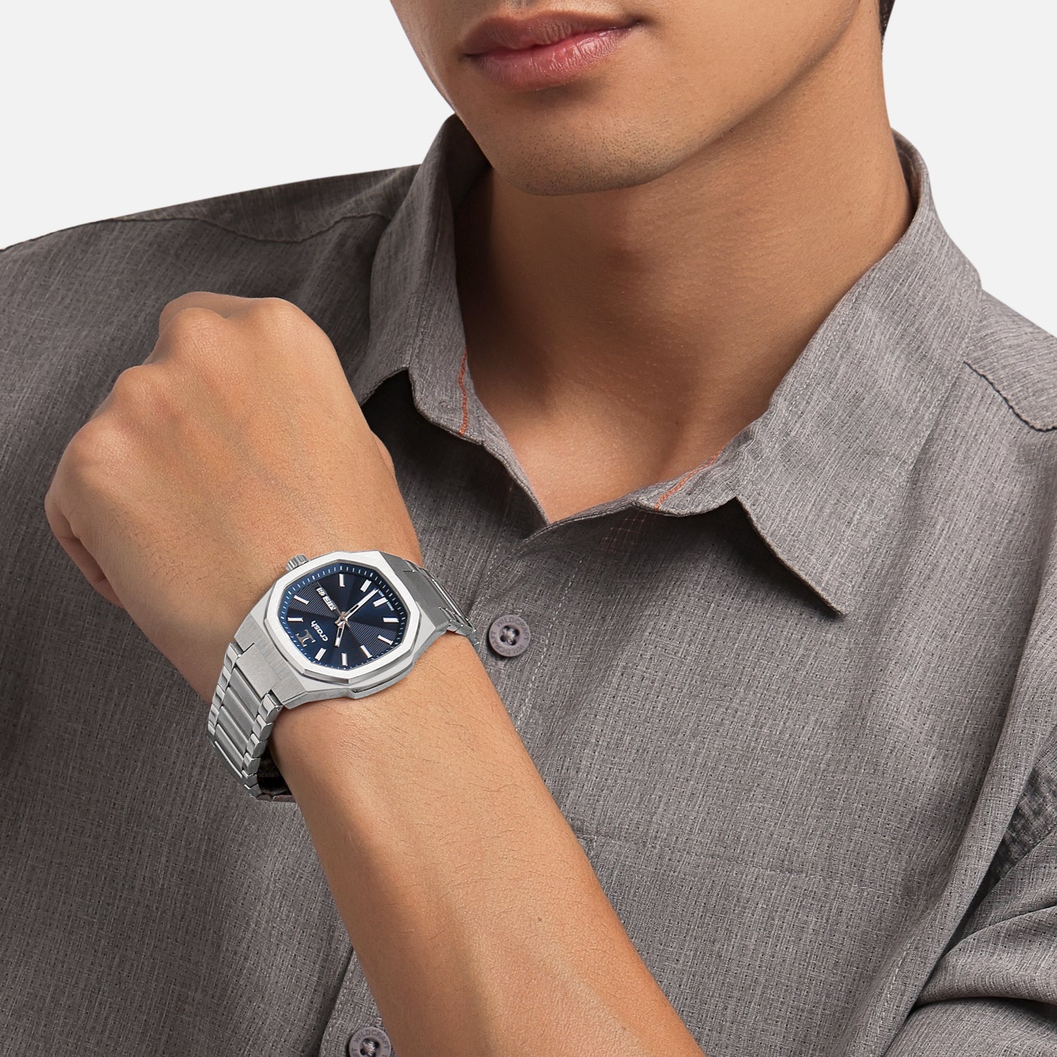 Swiss Movement Octagonal Silver Stainless Steel Watch For Men with Blue Dial by Crash | SKU : ACC2409