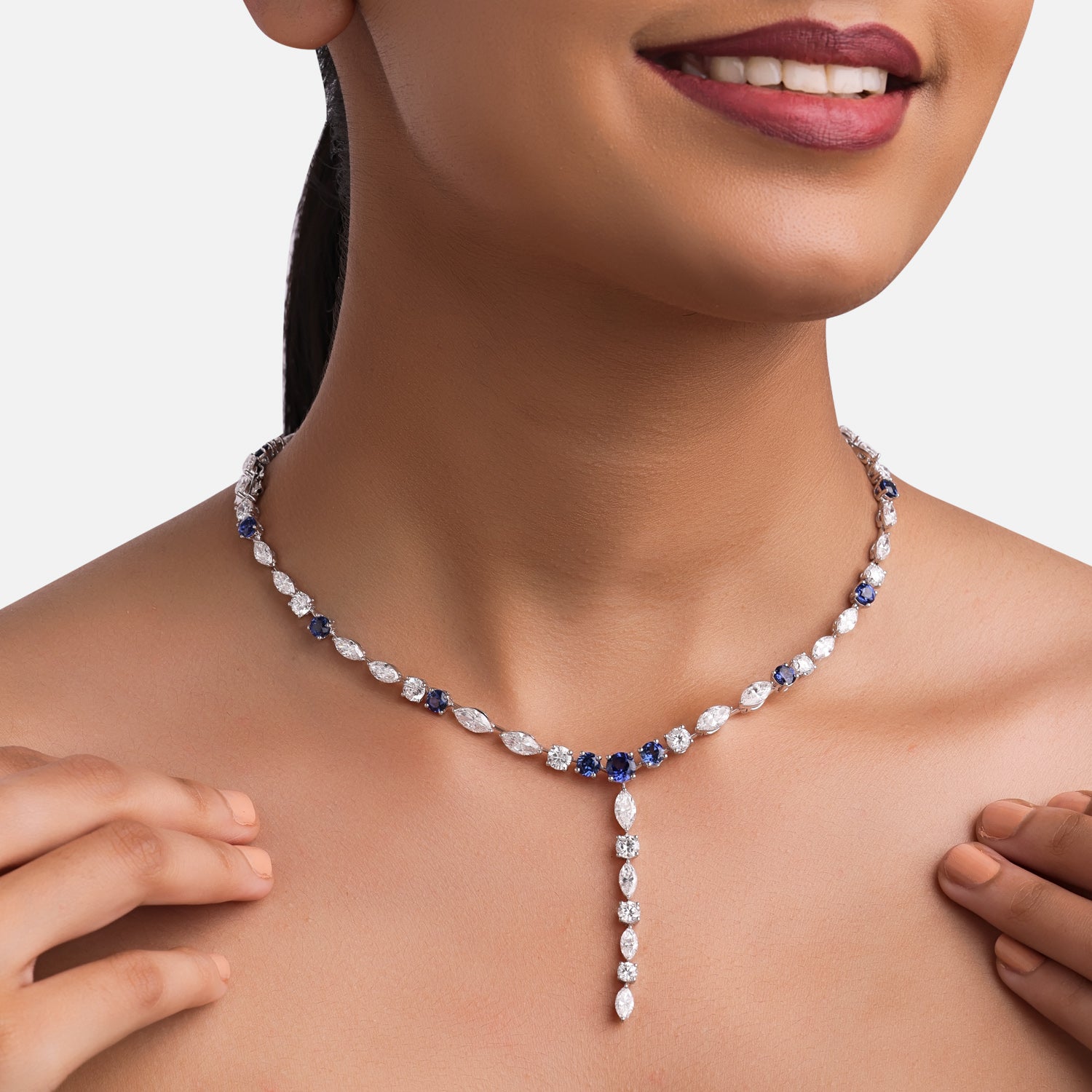 Lab-Grown Diamond and Sapphire Drop Necklace in 18K White Gold | SKU : 0004953852