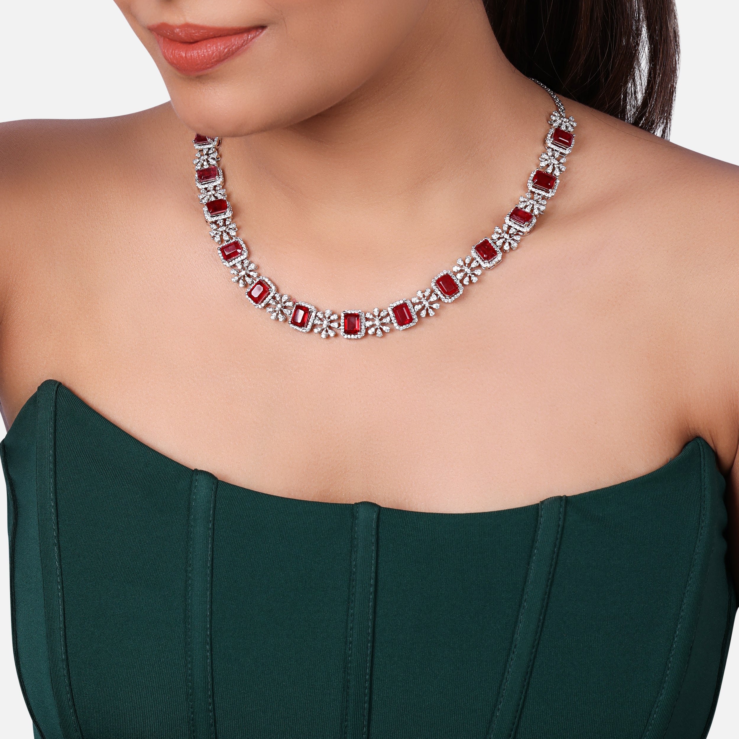 Red Jewel and Zircon Flower Necklace | SKU : 0020296780